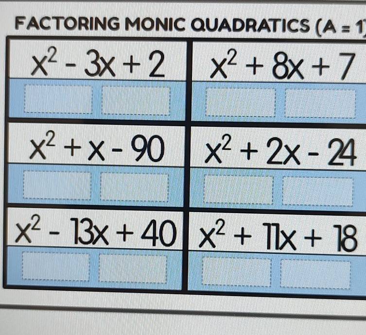 FACTORING MONIC QUADRATICS