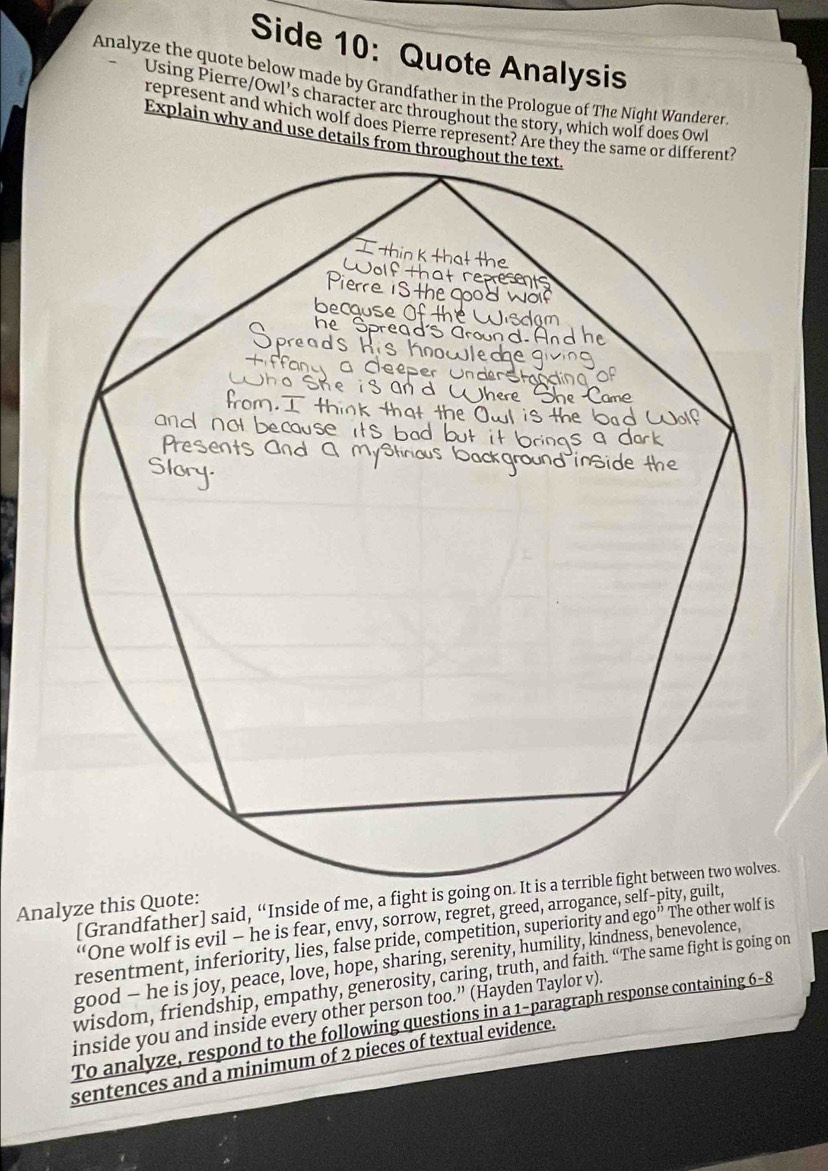 Side 10: Quote Analysis 
Analyze the quote below made by Grandfather in the Prologue of The Night Wanderer 
Using Pierre/Owl's character arc throughout the story, which wolf does Ow 
represent and which wolf does Pierre represent? Are they the same or different? 
Explain why and use details from through 
[Grandfather] said, “Inside of me, a fight is going on. It is a terrible fight between two wolves. 
Analyze this Quote: 
“One wolf is evil — he is fear, envy, sorrow, regret, greed, arrogance, self-pity, , 
resentment, inferiority, lies, false pride, competition, superiority and ego” The other wolf is 
good — he is joy, peace, love, hope, sharing, serenity, humility, kindness, benevolence, 
wisdom, friendship, empathy, generosity, caring, truth, and faith. “The same fight is going on 
inside you and inside every other person too.” (Hayden Taylor v). 
To analyze, respond to the following questions in a 1 -paragraph response containing 6-8 
sentences and a minimum of 2 pieces of textual evidence.