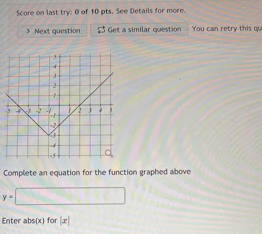 Score on last try: 0 of 10 pts. See Details for more. 
Next question Get a similar question You can retry this qu 
- 
Complete an equation for the function graphed above
y=□
Enter abs(x) for |x|