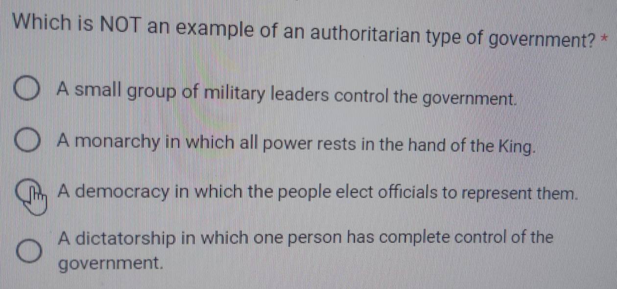 Which is NOT an example of an authoritarian type of government? *
A small group of military leaders control the government.
A monarchy in which all power rests in the hand of the King.
A democracy in which the people elect officials to represent them.
A dictatorship in which one person has complete control of the
government.