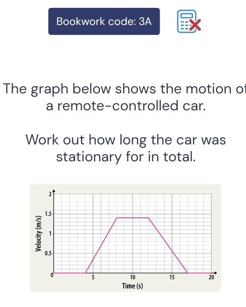 Bookwork code: 3A 
The graph below shows the motion of 
a remote-controlled car. 
Work out how long the car was 
stationary for in total. 
Time (s)