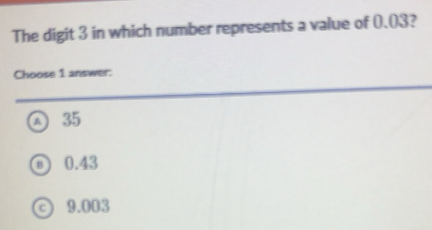 Solved: The digit 3 in which number represents a value of 0.03? Choose ...