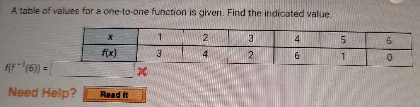 A table of values for a one-to-one function is given. Find the indicated value.
Need Help? Read it