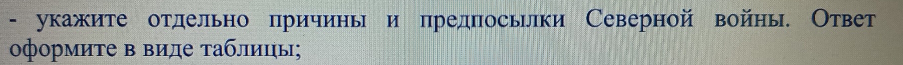 укажите отдельно причинь и предπосьлки Северной войны. Ответ 
оформиτе в виде τаблицы;