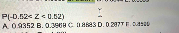 P(-0.52
A. 0.9352 B. 0.3969 C. 0.8883 D. 0.2877 E. 0.8599