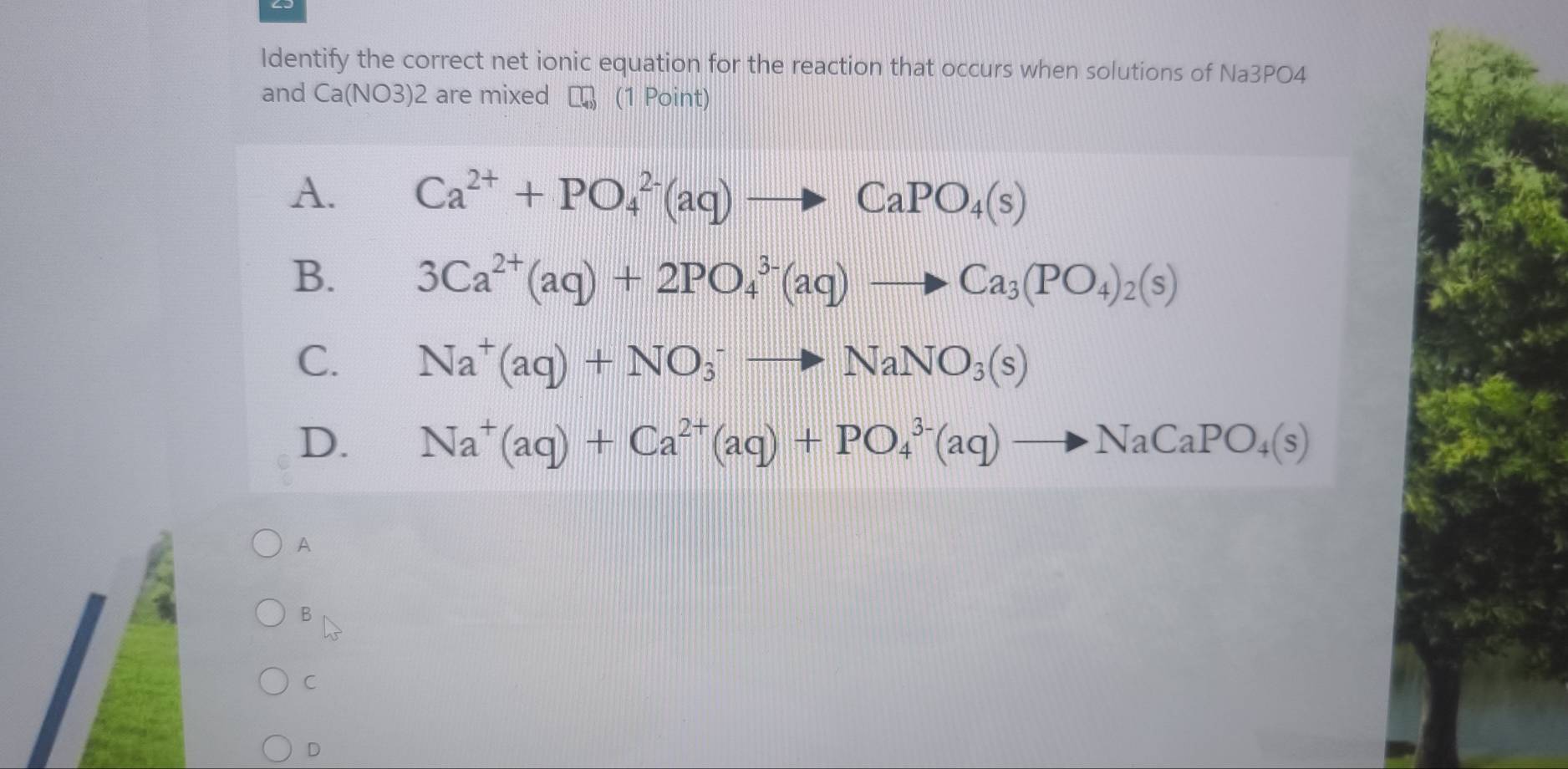 Identify the correct net ionic equation for the reaction that occurs when solutions of Na3PO4
and Ca(NO3) 2 are mixed (1 Point)
A. Ca^(2+)+PO_4^((2-)(aq)to CaPO_4)(s)
B. 3Ca^(2+)(aq)+2PO_4^((3-)(aq)to Ca_3)(PO_4)_2(s)
C. Na^+(aq)+NO_3^(-to NaNO_3)(s)
D. Na^+(aq)+Ca^(2+)(aq)+PO_4^((3-)(aq)to NaCaPO_4)(s)
A
B
C
D