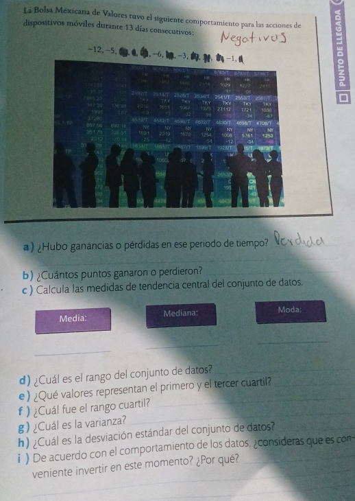 La Bolsa Mexicana de Valores tuvo el siguiente comportamiento para las acciones de 
dispositivos móviles durante 13 días consecutivos:
-12, -5, 60, 0, 0,- 
□ 
a)¿Hubo ganancias o pérdidas en ese período de tiempo?_ 
_ 
b) ¿Cuántos puntos ganaron o perdieron?_ 
_ 
c ) Calcula las medidas de tendencia central del conjunto de datos. 
Media: Mediana: Moda: 
_ 
_ 
_ 
d) ¿Cuál es el rango del conjunto de datos?_ 
e) ¿Qué valores representan el primero y el tercer cuartil? 
f )¿Cuál fue el rango cuartil? 
g) ¿Cuál es la varianza? 
h) ¿Cuál es la desviación estándar del conjunto de datos? 
_ 
i ) De acuerdo con el comportamiento de los datos, ¿consideras que es con- 
_ 
_ 
veniente invertir en este momento? ¿Por qué? 
_