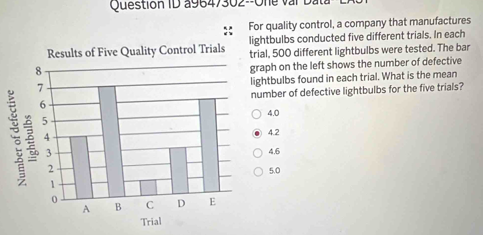 Question ID a9647302--One var Data 
For quality control, a company that manufactures
lightbulbs conducted five different trials. In each
al, 500 different lightbulbs were tested. The bar
aph on the left shows the number of defective
htbulbs found in each trial. What is the mean
mber of defective lightbulbs for the five trials?
4.0
4.2
4.6
5.0