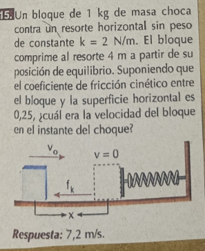 Un bloque de 1 kg de masa choca
contra un resorte horizontal sin peso
de constante k=2N/m. El bloque
comprime al resorte 4 m a partir de su
posición de equilibrio. Suponiendo que
el coeficiente de fricción cinético entre
el bloque y la superficie horizontal es
0,25, ¿cuál era la velocidad del bloque
en el instante del choque?
Respuesta: 7,2 m/s.