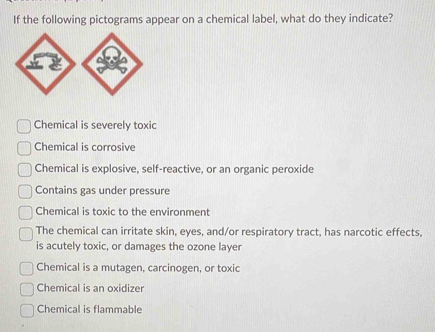 Solved: If the following pictograms appear on a chemical label, what do ...