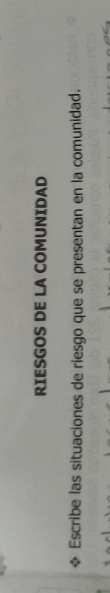 RIESGOS DE LA COMUNIDAD 
Escribe las situaciones de riesgo que se presentan en la comunidad.