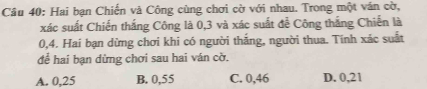 Hai bạn Chiến và Công cùng chơi cờ với nhau. Trong một ván cờ,
xác suất Chiến thắng Công là 0, 3 và xác suất để Công thắng Chiến là
0, 4. Hai bạn dừng chơi khi có người thắng, người thua. Tính xác suất
để hai bạn dừng chơi sau hai ván cờ.
A. 0,25 B. 0,55 C. 0,46 D. 0,21