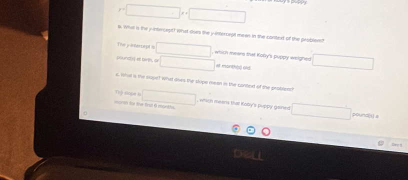 puppy
y=|
b. What is the y-intercept? What does the y-intercept mean in the context of the problem? 
The y-intercept is , which means that Koby's puppy weighed 
pound(s) at birth, or at month(s) old. 
c. What is the slope? What does the slope mean in the context of the problem? 
Th] slope is , which meens that Koby's puppy gained 
month for the first 6 months. 
pound(s) a 
Dec 5