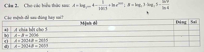 Cho các biều thức sau: A=log _2^(2000)4- 1/1015 +ln e^(2035);B=log _53· log _25- ln 9/ln 4 
sau đúnay sai?