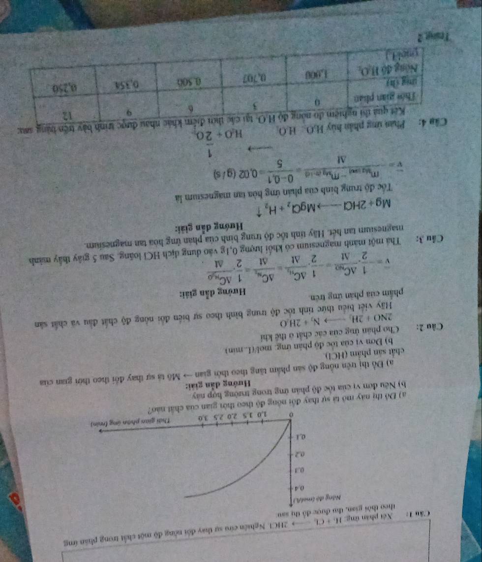 Cầu T:  Xét phân ứng: H, + Cl → 2HCl. Nghiên cứu sự thay đối nông độ một chất trong phân ứng
theo thời gđược đồ thị sau:
a) Đồ thị này mô tả sự thay đổi nông độ th
b) Nêu đơn vị của tốc độ phân ứng trong trường hợp này
Hướng dẫn giải:
a) Đồ thị trên nồng độ sản phẩm tăng theo thời gian → Mô tả sự thay đổi theo thời gian cũa
chất sản phẩm (HCl)
b) Đơn vị của tốc độ phản ứng: mol/(L.min)
Câu 2: Cho phân ứng của các chất ở thể khí
2NO+2H_2to N_2+2H_2O
Hãy viết biểu thức tính tốc độ trung bình theo sự biển đổi nông độ chất đầu và chất sân
phẩm của phản ứng trên
Hướng dẫn giải:
overline v=- 1/2 .frac △ C_B△ t=- 1/2 .frac △ C_H_2△ t=frac △ C_N_2△ t= 1/2 .frac △ C_M_2O△ t.
Cầu 3; Thá một mảnh magnesium có khối lượng 0,1g vào dung dịch HCI loãng. Sau 5 giây thấy mành
magnesium tan hét. Hãy tỉnh tốc độ trung bình của phản ứng hòa tan magnesium.
Hướng dẫn giải:
Mg+2HClto MgCl_2+H_2uparrow
Tốc độ trung bình của phán ứng hòa tan magnesium là
overline v=frac m_3(_g)sim m_g-m_a_Mg△ t= (0-0,1)/5 =0,02(g/s)
H,O H.O H_1O+ 1/2 O_2
trên bằng sauc
Tring 2