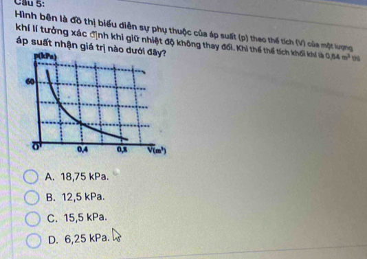 Hình bên là đồ thị biểu diễn sự phụ thuộc của áp suất (p) theo thế tích (V) của một lượng
khí lí tưởng xác định khi giữ nhiệt độ không thay đối. Khi thế thể tích khối khí là 0.64m^3 thū
áp suất nhận giá trị n
A. 18,75 kPa.
B. 12,5 kPa.
C. 15,5 kPa.
D. 6,25 kPa.