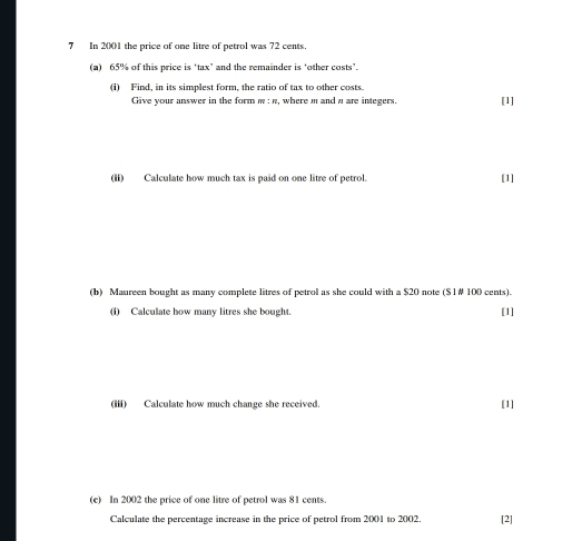 Solved: In 2001 the price of one litre of petrol was 72 cents. (a) 65% ...
