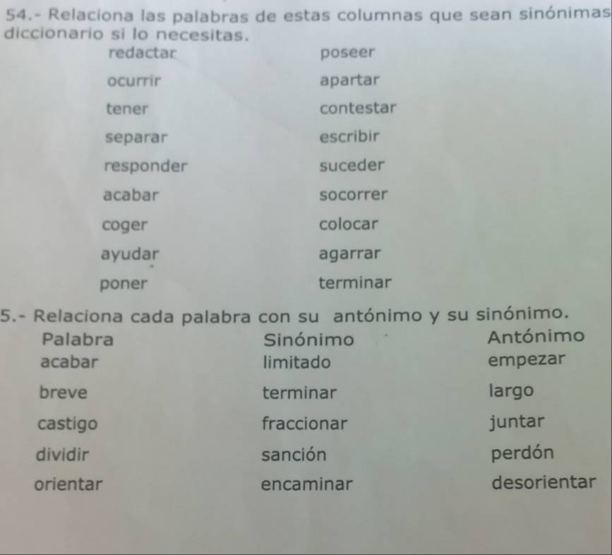 54.- Relaciona las palabras de estas columnas que sean sinónimas
diccionario si lo necesitas.
redactar poseer
ocurrir apartar
tener contestar
separar escribir
responder suceder
acabar socorrer
coger colocar
ayudar agarrar
poner terminar
5.- Relaciona cada palabra con su antónimo y su sinónimo.
Palabra Sinónimo Antónimo
acabar limitado empezar
breve terminar largo
castigo fraccionar juntar
dividir sanción perdón
orientar encaminar desorientar