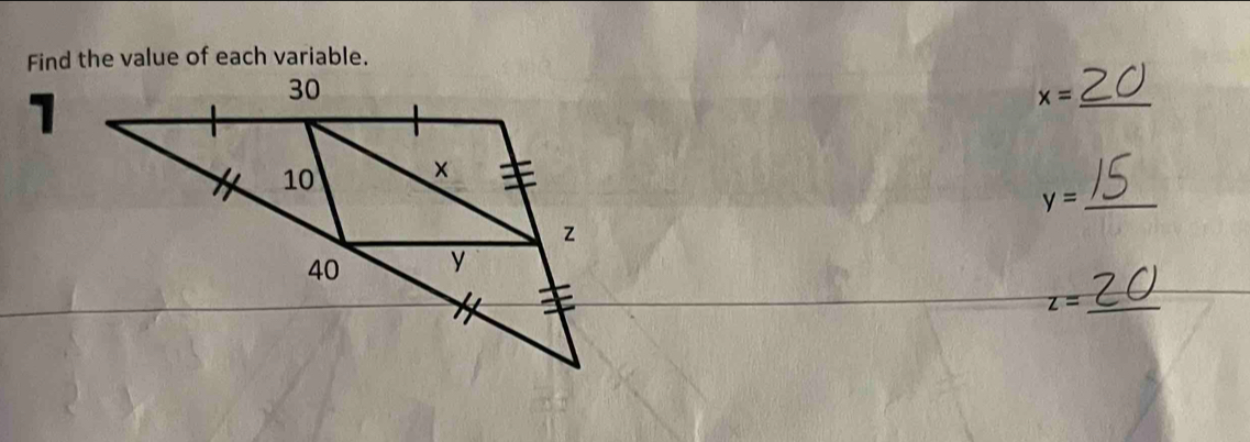 Find the value of each variable.
x= _ 
_ y=
_ z=