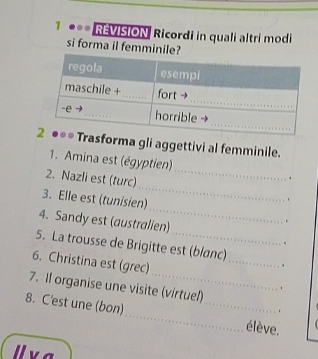 7 •** REVISION Ricordi in quali altri modi 
si forma il femmini 
asforma gli aggettivi al femminile. 
1. Amina est (égyptien) _. 
_ 
2. Nazli est (turc) 
_ 
3. Elle est (tunisien) 
. 
4. Sandy est (australien) 
、 
. 
5. La trousse de Brigitte est (blanc) _. 
6. Christina est (grec) 
7. Il organise une visite (virtuel) 
. 
_ 
_ 
8. C’est une (bon) 
. 
élève. 
I va