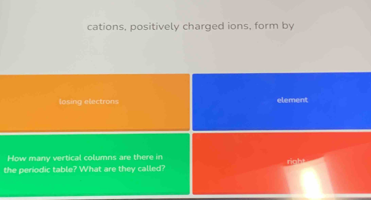 cations, positively charged ions, form by 
losing electrons element 
How many vertical columns are there in 
right 
the periodic table? What are they called?