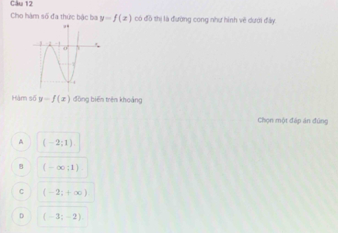 Cho hàm số đa thức bậc ba y=f(x) có đồ thị là đường cong như hình vẽ dưới đây.
Hàm số y=f(x) đōng biến trên khoảng
Chọn một đáp án đúng
A (-2;1).
B (-∈fty ;1)
C (-2;+∈fty )
D (-3;-2).