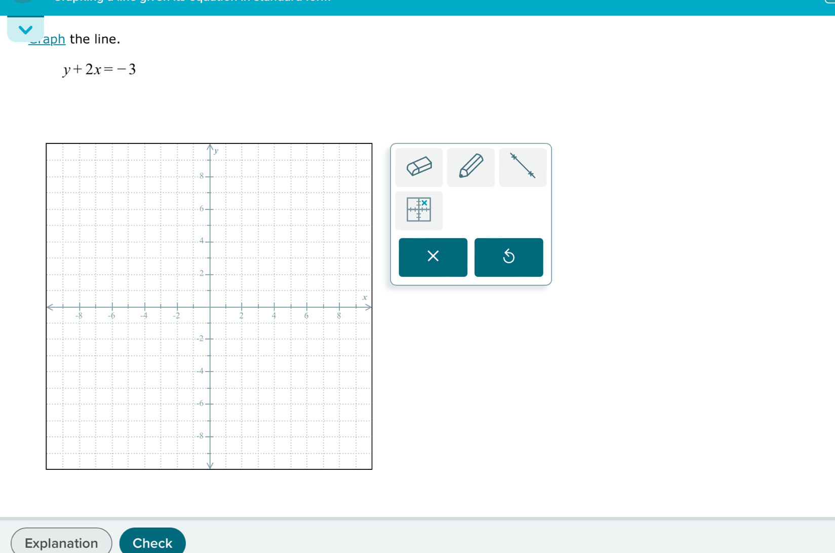 Craph the line.
y+2x=-3
Explanation Check