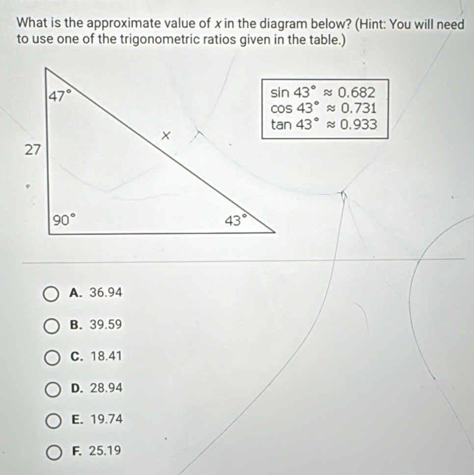 Solved: What is the approximate value of x in the diagram below? (Hint ...