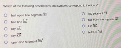 Which of the following descriptions and symbols correspond to the figure?
half open line segment overline BK line segment overline BK
half line overleftrightarrow BK half open line segment overline KB
line overleftrightarrow BK
ray vector BK
half line overleftrightarrow KB
ray vector KB
open line segment overleftrightarrow BK