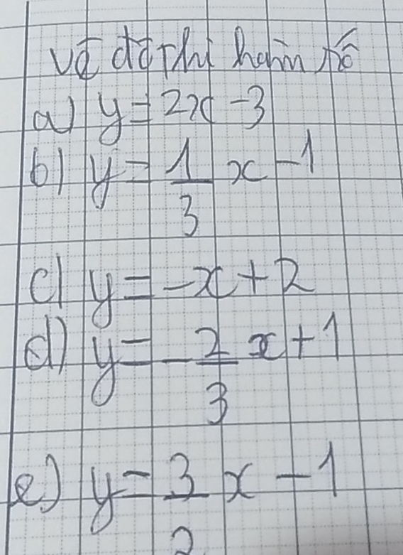 vd dōthi xcndé 
al y=2x-3
61 y= 1/3 x-1
cl y=-x+2
cl y=- 2/3 x+1
e) y= 3/2 x-1