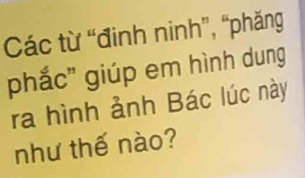 Các từ “đinh ninh”, “phăng 
phắc'' giúp em hình dung 
ra hình ảnh Bác lúc này 
như thế nào?