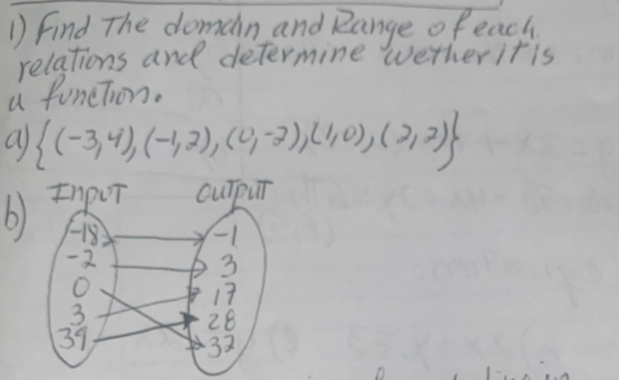 Find The doman and Range of each 
relations and determine wetheritis 
a funetion. 
a  (-3,4),(-1,2),(0,-7),(1,0),(2,2)
b)