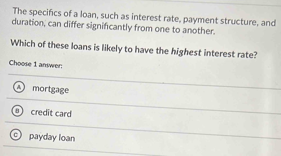 The specifics of a loan, such as interest rate, payment structure, and
duration, can differ signifcantly from one to another.
Which of these loans is likely to have the highest interest rate?
Choose 1 answer:
A mortgage
credit card
payday loan