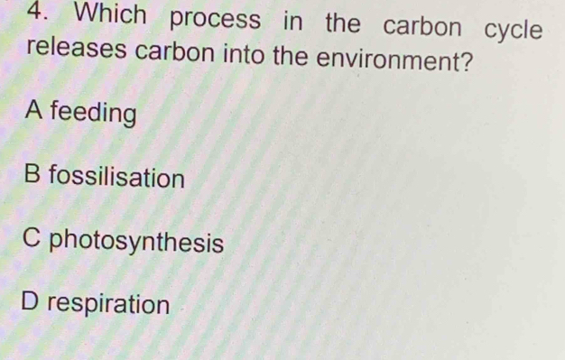 Which process in the carbon cycle
releases carbon into the environment?
A feeding
B fossilisation
C photosynthesis
D respiration