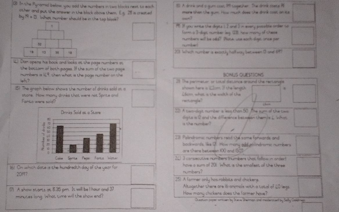 3). In the Pyramid below, you add the numbers in two blocks next to each ⑧) A drink and a gurn coss 19 sogether. The drink cloets  □
other and put the answer in the block above them. Eg. 28 is created mere then the gum. How muck dses the drink cost on iss
byN+3 What number should be in the top blook? own?
m. If you write the digts 1 2 and 3 m evary possible order to
form a 3-digs number (eg. (23). hew camy of shere
numbers will be odd? Poce was each dige cruw par □
s1 number!
M 58 201. Which number is exostily half way between 3 and $97
(L). Dan opens his book and looks at the page numbers at □
the bottom of both pages. If the sum of the two page
□°
numbers is 169, then what is the page number on the BONUS QUESTIONS
left?  21. The permeter or total distonce anound the rettangls
(5) The graph below shows the number of drinks sold at a shown here is 122cm. If the langth
store. How many drinks that were not Sprite and L6cm, what is the with of the
Fanto were sold? rectargle? 3on
221 A two-dight number is less than 50 The sym of the two
digits is 2 and the difference between themis 2. What
is the numbar?
231: Palindromic numbérs read the some forwards and
backwards, like 2. How many add gollindromic numbers □ 
are there between 100 and (50
21L 3 consecutive numbers (nümbers that follow in order! f(-2)
16). On which date is the hundredth day of the year for
have a sum of 201. What is the smalliest of the three
20197 numbers?
251. A farmer only has rabbits and chickens
(7) A show starts at 8.35 pm. It will be I hour and 37
Altogether there are 16 animals with a totall of 40 legs
minutes long. What time will the show end? How many chickens does the farmer have?
Ouextan poper written by Steve Sharman and modensted by Selly Gokdman