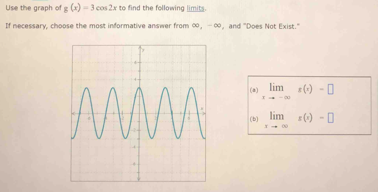 Use the graph of g(x)=3cos 2x to find the following limits.
If necessary, choose the most informative answer from ∞ ， -∞ ， and "Does Not Exist."
(a) limlimits _xto -∈fty g(x)=□
(b) limlimits _xto ∈fty g(x)=□