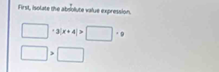 First, isolate the absolute value expression.
□ · 3|x+4|>□ · 9
□ >□