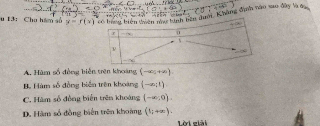 13: Cho hàm số y=f(x) i, Khẳng định nào sao đây là đú
Vòn
A. Hàm số đồng biến trên khoảng (-∈fty ;+∈fty ).
B. Hàm số đồng biến trên khoảng (-∈fty ;1).
C. Hàm số đồng biến trên khoảng (-∈fty ;0).
D. Hàm số đồng biến trên khoảng (1;+∈fty ). 
Lời giải