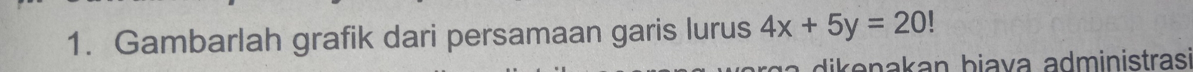 Gambarlah grafik dari persamaan garis lurus 4x+5y=20
di e nakan biava administrasi