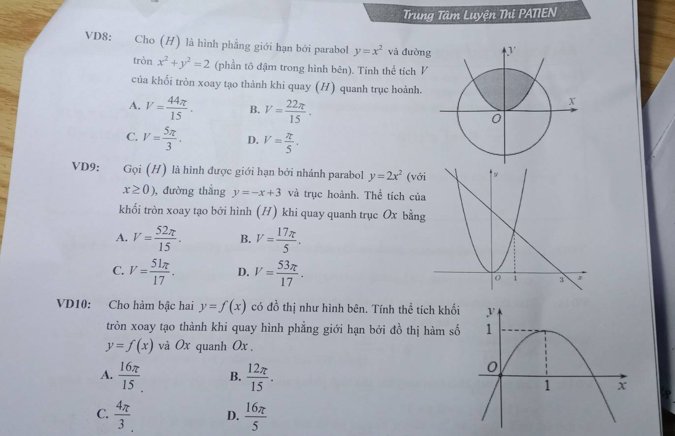 Trung Tâm Luyện Thi PATIEN
VD8: Cho (H) là hình phẳng giới hạn bởi parabol y=x^2 và đường
trò x^2+y^2=2 (phần tô đậm trong hình bên). Tính thể tích V
của khối tròn xoay tạo thành khi quay (H) quanh trục hoành.
A. V= 44π /15 .
B. V= 22π /15 .
C. V= 5π /3 .
D. V= π /5 . 
VD9: Gọi (H) là hình được giới hạn bởi nhánh parabol y=2x^2 (vớ
x≥ 0) , đường thắng y=-x+3 và trục hoành. Thể tích củ
khối tròn xoay tạo bởi hình (H) khi quay quanh trục Ox bằn
A. V= 52π /15 . V= 17π /5 . 
B.
D.
C. V= 51π /17 . V= 53π /17 . 
VD10: Cho hàm bậc hai y=f(x) có đồ thị như hình bên. Tính thể tích khối
tròn xoay tạo thành khi quay hình phẳng giới hạn bởi đồ thị hàm số
y=f(x) và 0x quanh 0x.
A.  16π /15 .  12π /15 . 
B.
C.  4π /3   16π /5 
D.