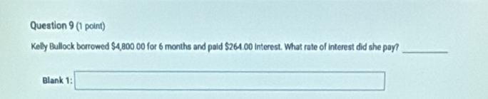 Kelly Bullock borrowed $4,800.00 for 6 months and paid $264.00 interest. What rate of interest did she pay?_ 
Blank 1: □