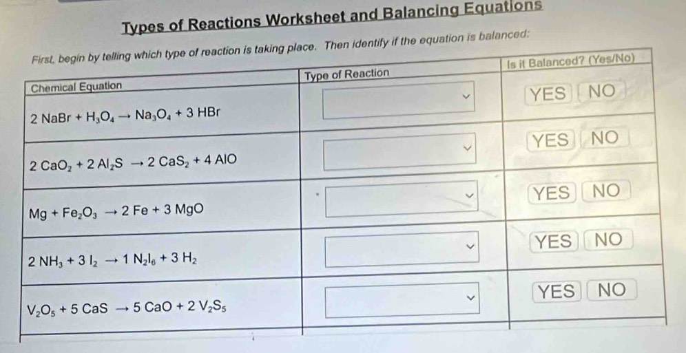 Types of Reactions Worksheet and Balancing Equations
equation is balanced: