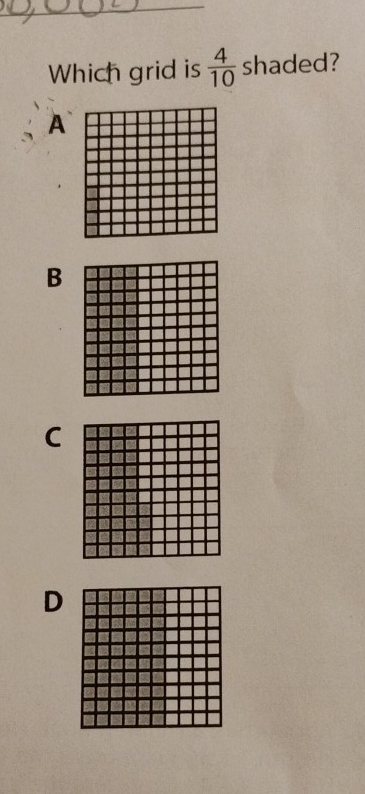 Which grid is  4/10  shaded?
A
B
C
D