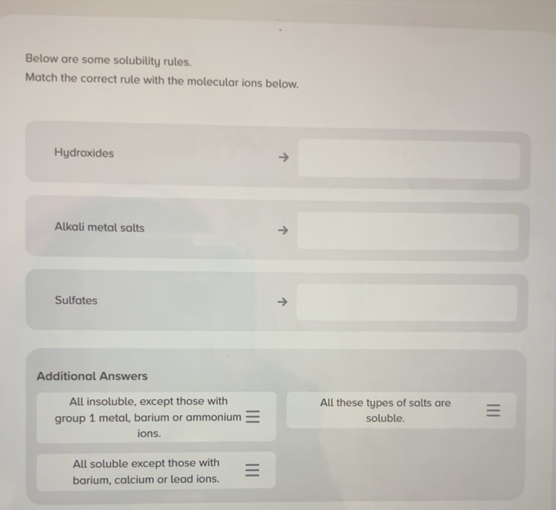 Résolu :Below are some solubility rules. Match the correct rule with ...