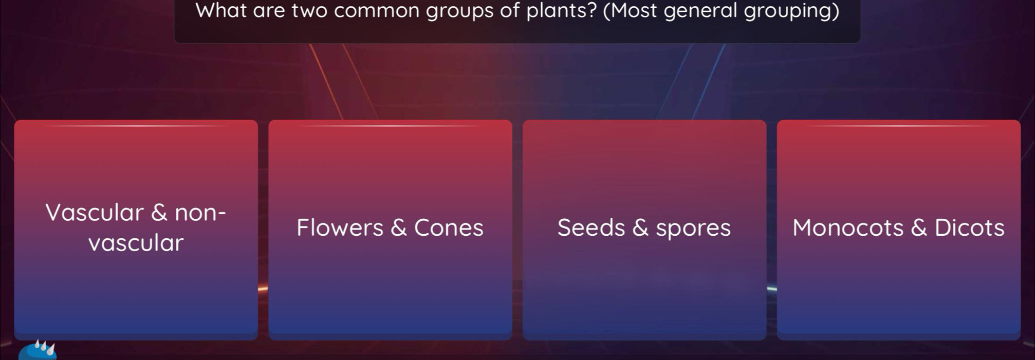 What are two common groups of plants? (Most general grouping)
Vascular & non-
Flowers & Cones Seeds & spores Monocots & Dicots
vascular