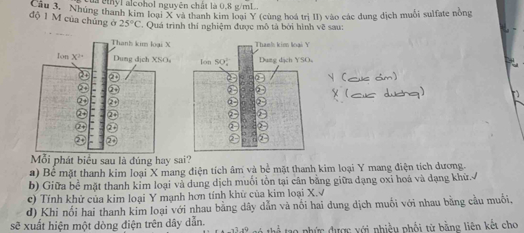 của ếthyl alcohol nguyên chất là 0,8 g/mL.
Câu 3. Nhúng thanh kim loại X và thanh kim loại Y (cùng hoá trị II) vào các dung dịch muối sulfate nồng
độ 1 M của chủng ở 25°C. Quá trình thí nghiệm được mô tả bởi hình vẽ sau:
Thanh kim loại Y
Ion SO_4^(1-) Dung dịch YSO。
Mỗi phát biểu sau là đúng hay sai?
a) Bê mặt thanh kim loại X mang điện tích âm và bề mặt thanh kim loại Y mang điện tích dương.
b) Giữa bề mặt thanh kim loại và dung dịch muối tồn tại cân bằng giữa dạng oxi hoá và dạng khử.
c) Tính khử của kim loại Y mạnh hơn tính khử của kim loại X.√
d) Khi nối hai thanh kim loại với nhau bằng dây dẫn và nối hai dung dịch muối với nhau bằng cầu muối,
sẽ xuất hiện một dòng điện trên dây dẫn. 13.19  tao phức được với nhiều phối tử bằng liên kết cho