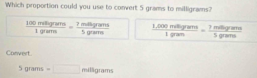 Which proportion could you use to convert 5 grams to milligrams?
 100milligrams/1grams = ?milligrams/5grams 
 (1,000milligrams)/1gram = ?miligrams/5grams 
Convert
5grams=□ milligrams