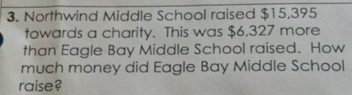 Northwind Middle School raised $15,395
towards a charity. This was $6,327 more 
than Eagle Bay Middle School raised. How 
much money did Eagle Bay Middle School 
raise?