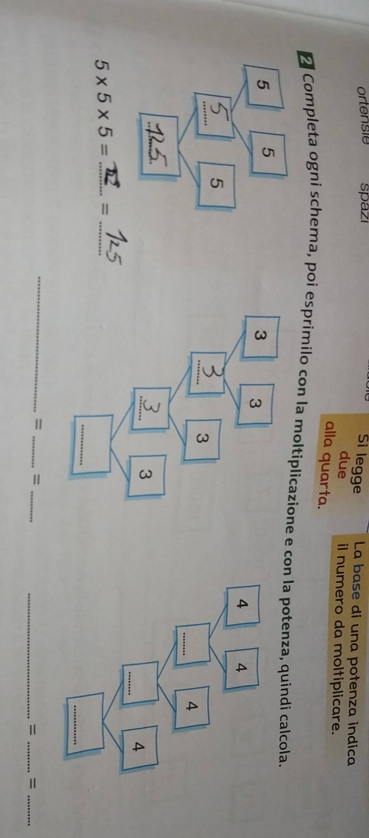 ortensie spazi 
Si legge 
La base di una potenza indica 
due il numero da moltiplicare. 
alla quarta. 
É Completa ogni schema, poi esprimilo con la moltiplicaze e con la potenza, quindi calcola.
5* 5* 5= _ 
_= 
_= _=_ 
_= _=_