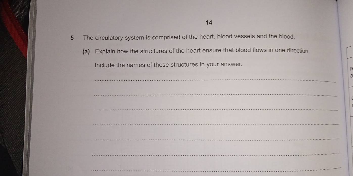 14 
5 The circulatory system is comprised of the heart, blood vessels and the blood. 
(a) Explain how the structures of the heart ensure that blood flows in one direction. 
Include the names of these structures in your answer. 
re 
_ 
a 
_ 
_ 
_ 
_ 
_ 
_